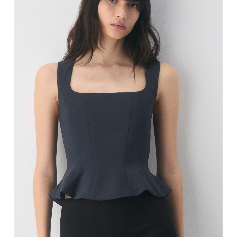 Wilfred Aritzia Rhodora Bustier Navy Blue Square Neck Peplum Sleeveless Top